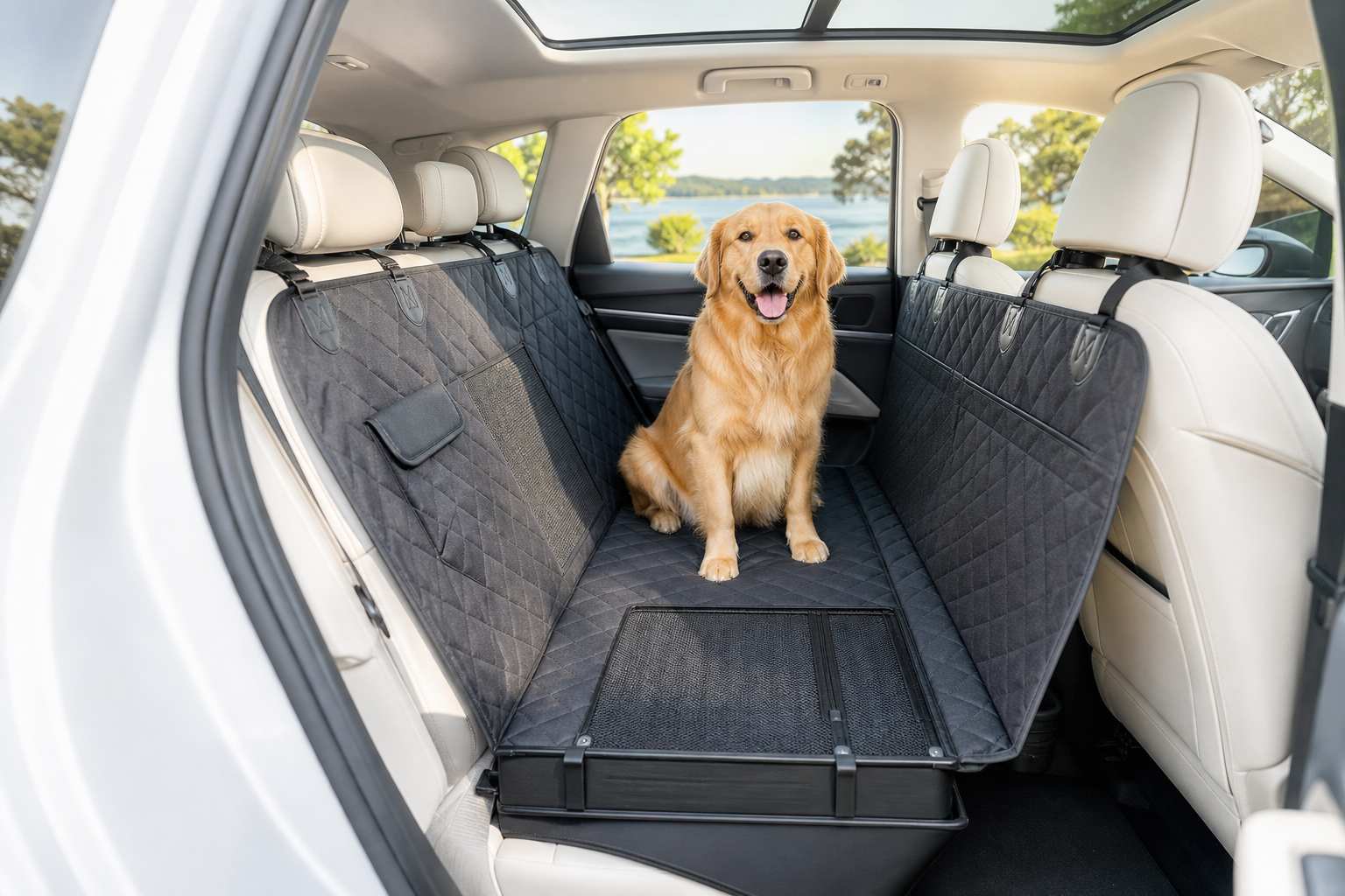 Dog riding on a clean protected back seat in an SUV